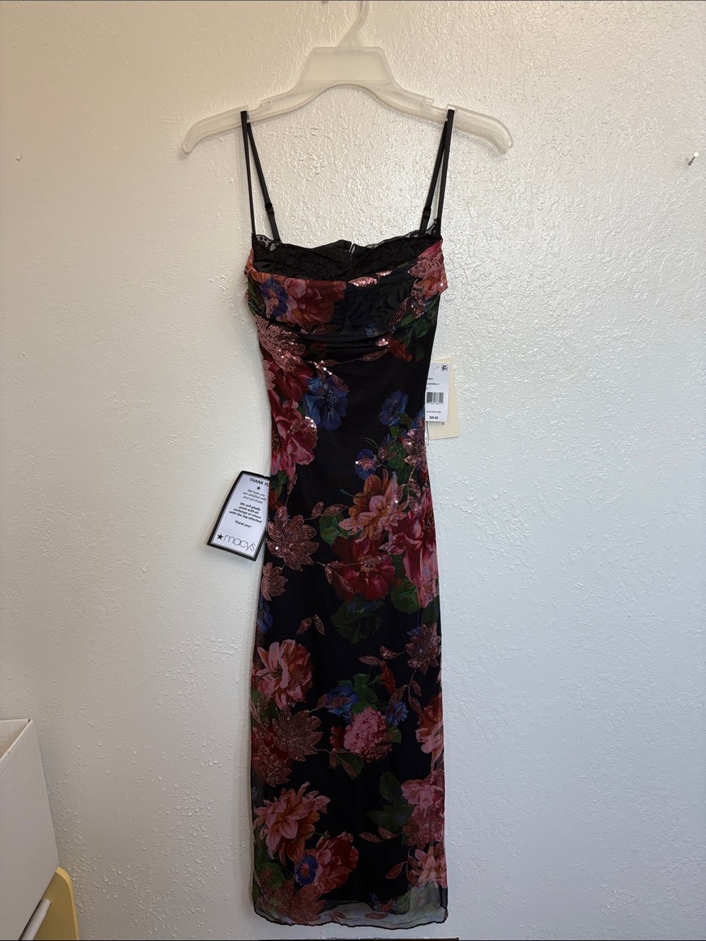 Floral Slip Midi Dress in Black with Pink and Green Blooms
